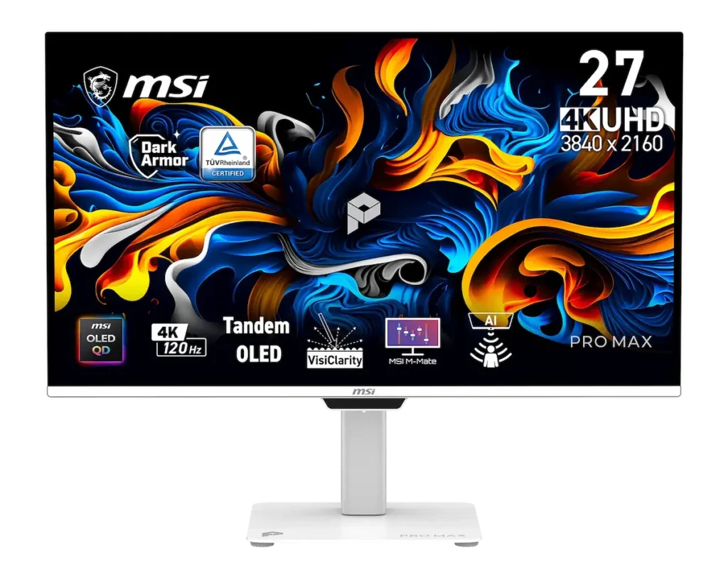 Vista frontal del monitor MSI PRO MAX OLED 271UPJW12 mostrando su panel OLED 4K de alta calidad.
