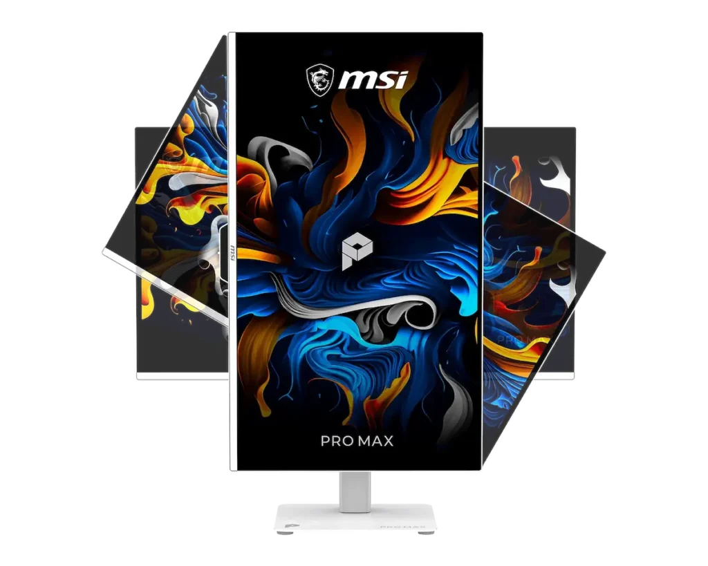 Monitor MSI PRO MAX OLED 271UPJW12 instalado sobre un escritorio gaming moderno con iluminación RGB.