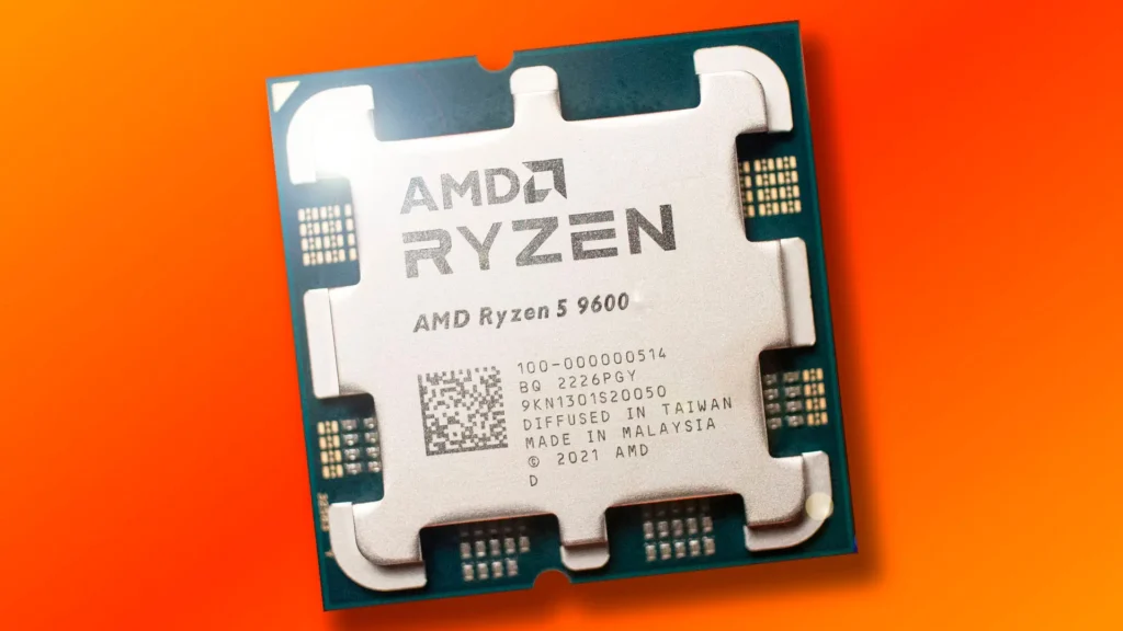AMD Ryzen 5 9600 sobre fondo naranja.