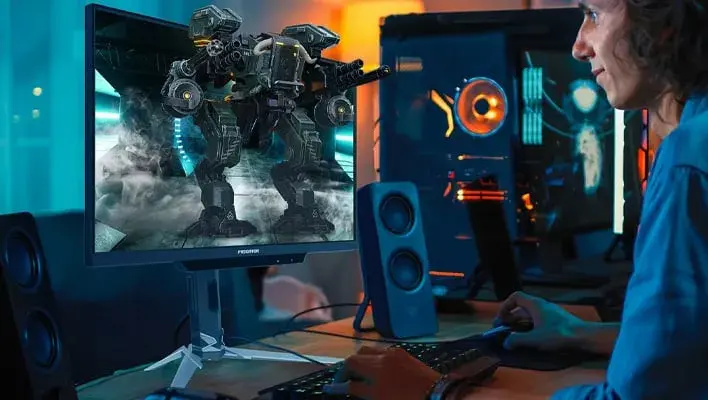 Vista frontal del Acer Predator XB273K 3D mostrando un videojuego con efecto tridimensional.