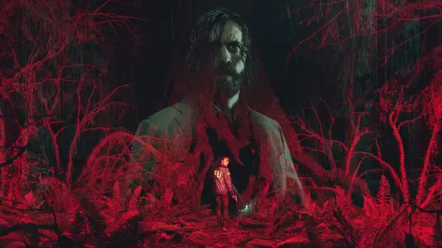 Saga Anderson investigando un bosque oscuro en Alan Wake 2.
