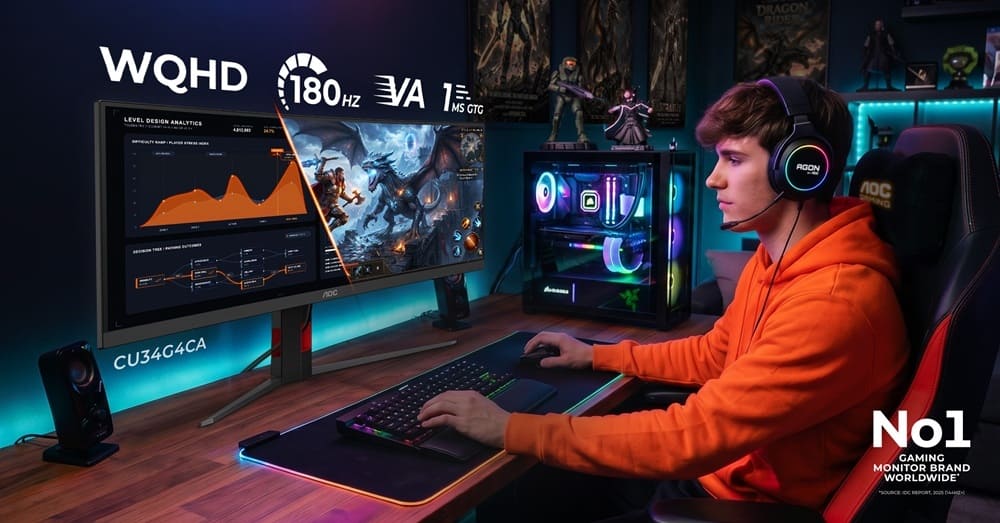 Monitor AOC CU34G4ZCA mostrando un videojuego en resolución UWQHD.