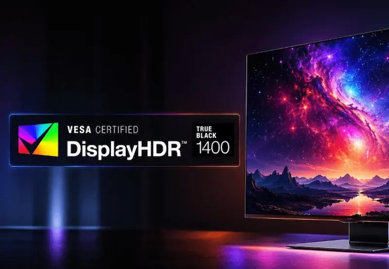 Logotipo de VESA junto a un monitor OLED compatible con el nuevo estándar DisplayHDR True Black 1400.