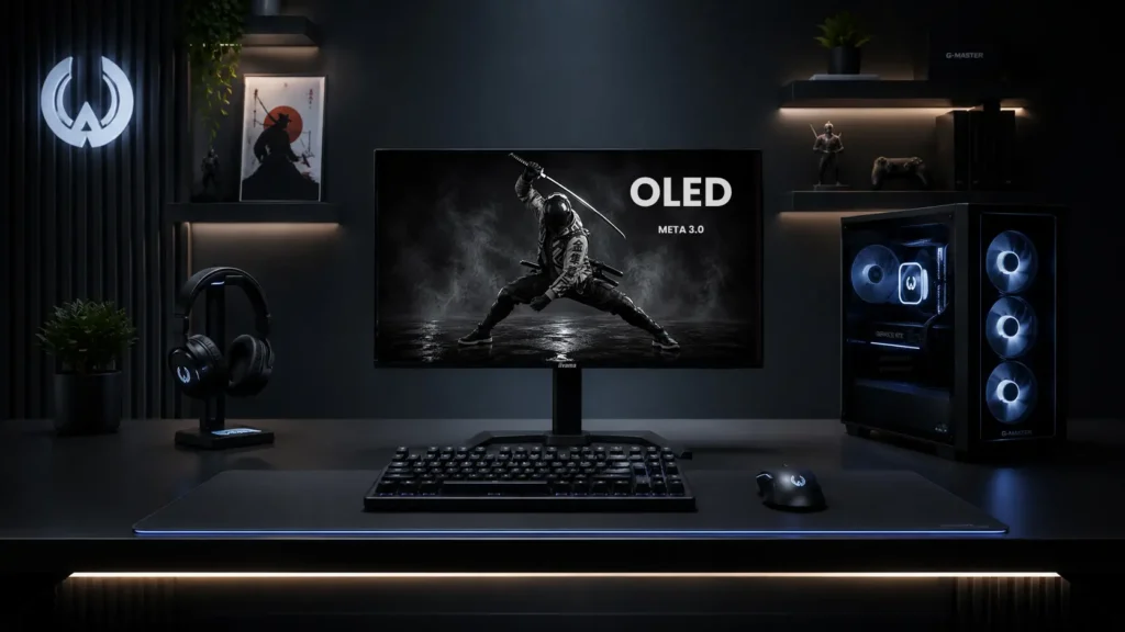 Vista frontal del monitor iiyama G-Master OLED mostrando un videojuego en resolución QHD.