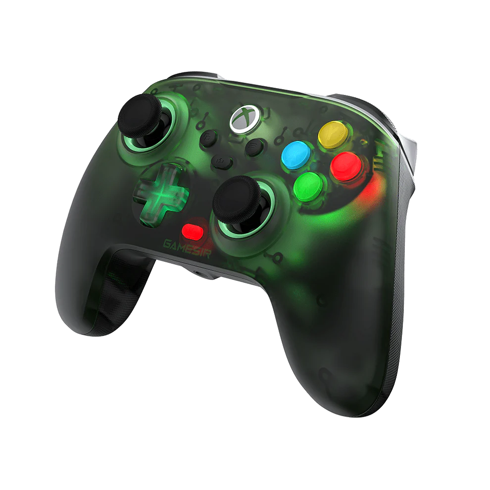 Detalle del acabado translúcido verde del mando GameSir T7 Pro W Retro Green.