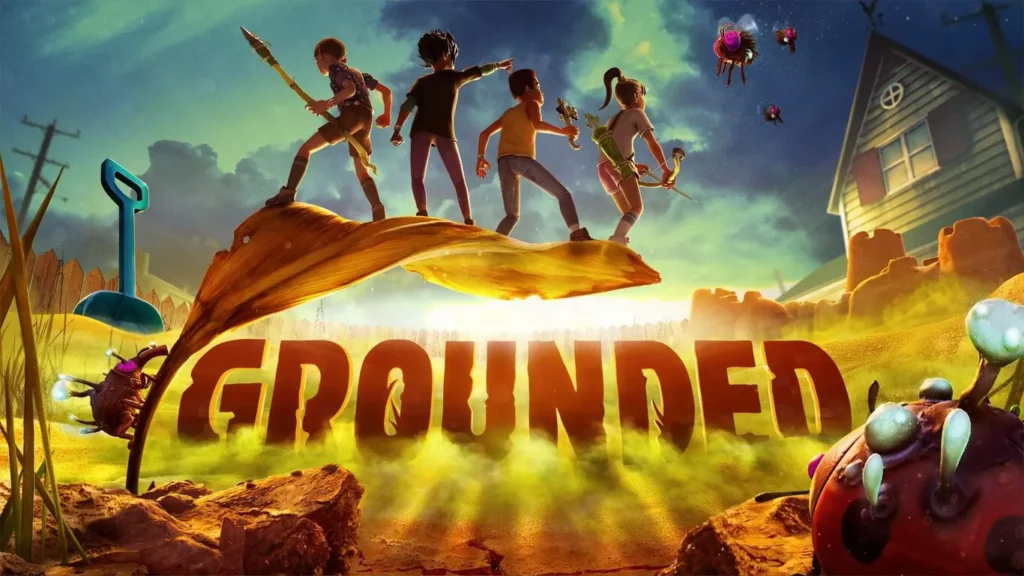 Personajes miniaturizados enfrentándose a una araña gigante en Grounded.