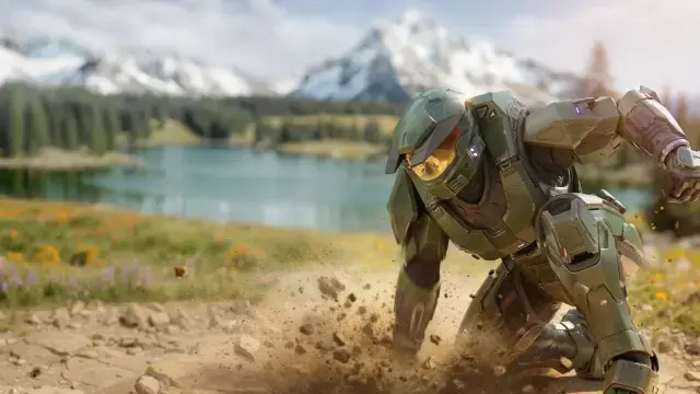 Master Chief explorando una zona del anillo Halo en Halo Campaign Evolved.