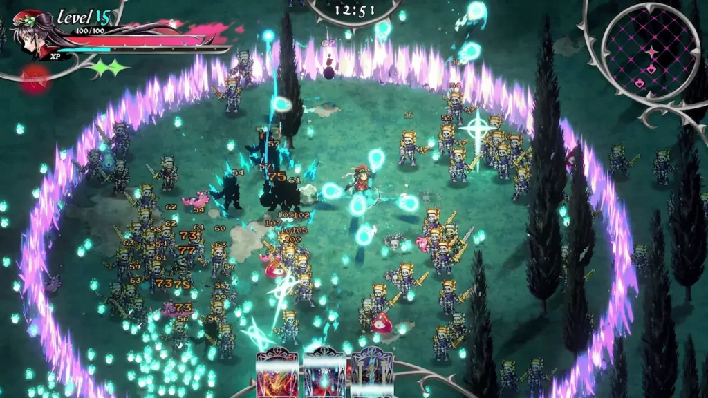 Escena de combate de Hell Maiden con estética anime e inspiración en La Divina Comedia.