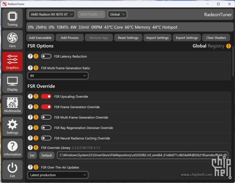 Interfaz de AMD Adrenalin mostrando referencias a FSR Multi Frame Generation.