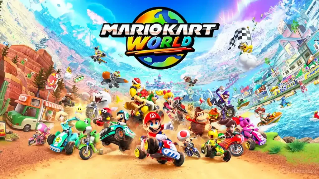 Carrera de Mario Kart World con varios personajes de Nintendo.