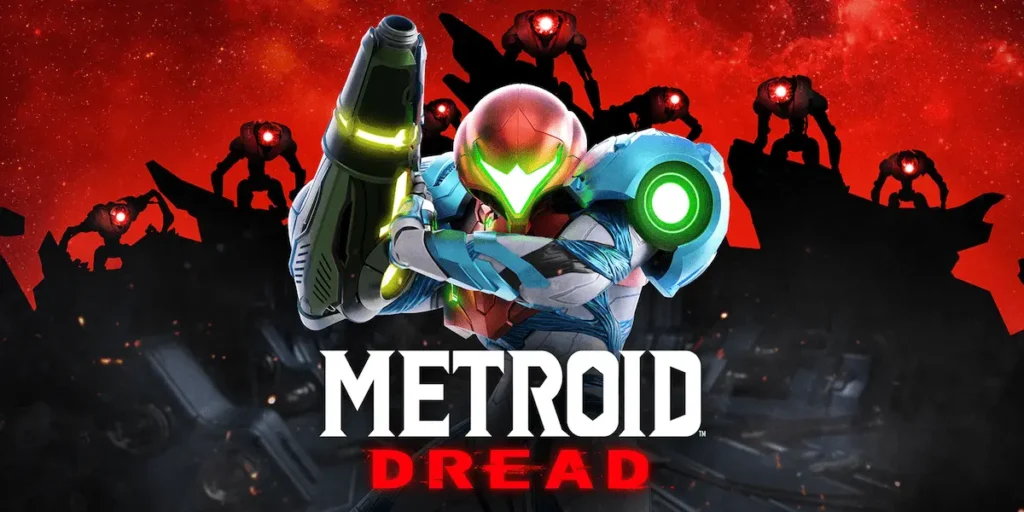 Samus Aran explorando una instalación alienígena en Metroid Dread.
