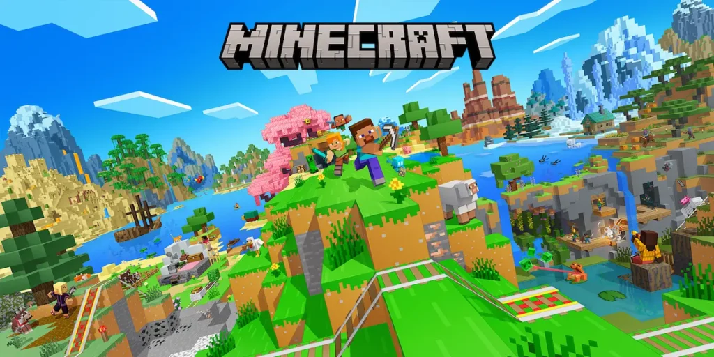 Paisaje generado proceduralmente en Minecraft.