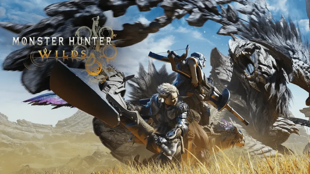 Grupo de cazadores enfrentándose a un monstruo gigante en Monster Hunter Wilds.