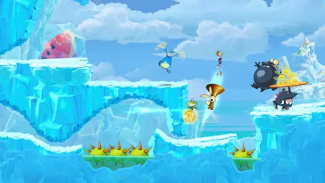 Rayman y Globox recorriendo un escenario de Rayman Origins Enhanced Edition.