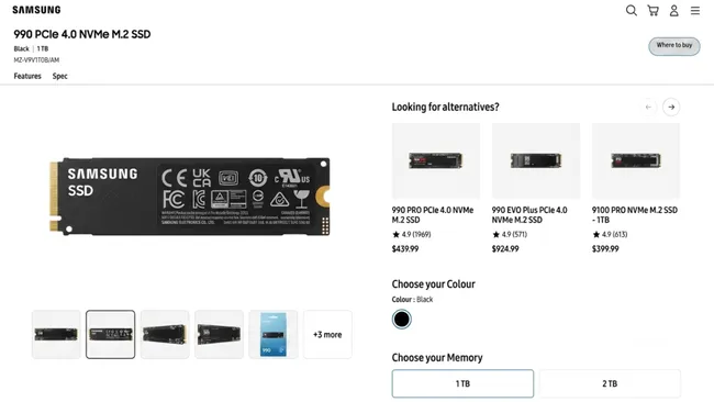 Detalle de una unidad SSD Samsung de la serie 990 orientada al almacenamiento de alto rendimiento.