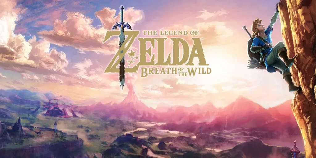 Link explorando un paisaje de Hyrule desde lo alto de una montaña.