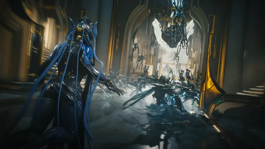 Escena del tráiler de Warframe Tau mostrando el nuevo sistema estelar presentado por Digital Extremes.