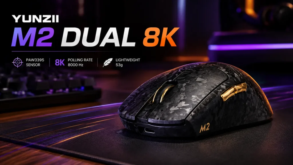 Ratón gaming YUNZII M2 Dual 8K con sensor PixArt PAW3395 y conectividad inalámbrica.