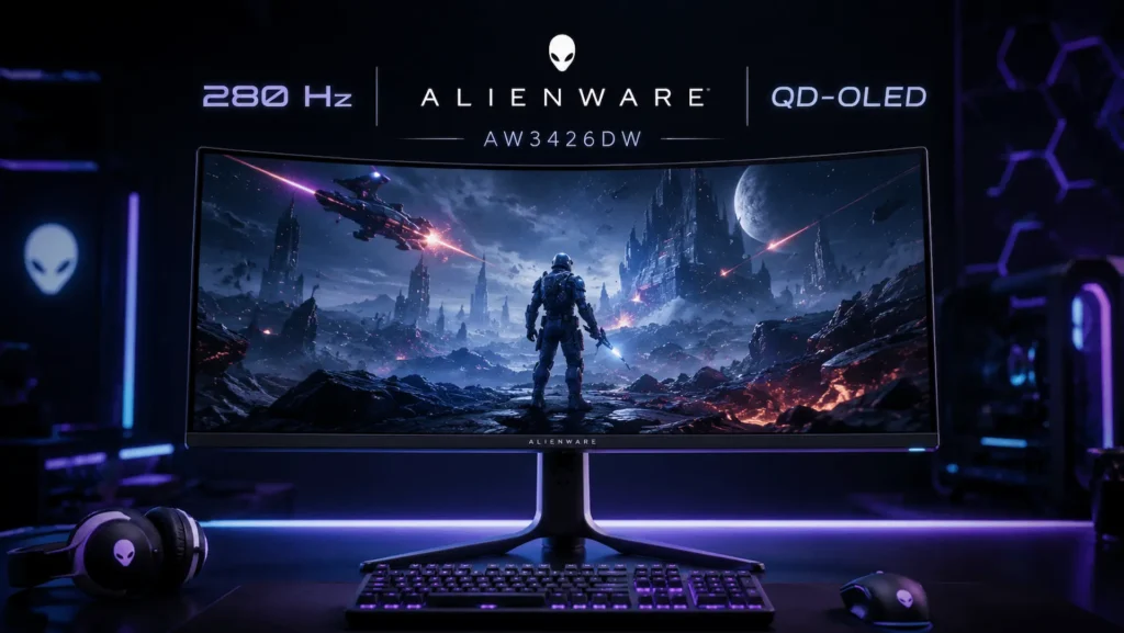 Monitor gaming Alienware AW3426DW con panel QD-OLED ultrapanorámico de 34 pulgadas y 280 Hz.