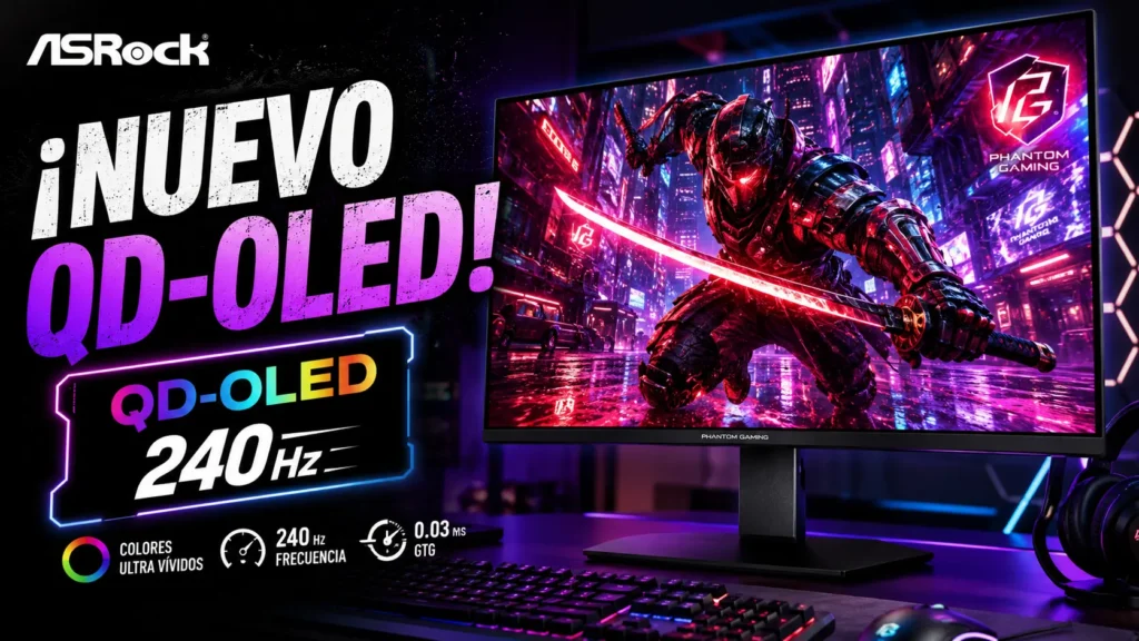 ASRock presenta el nuevo Phantom Gaming PGO27QSA con panel QD-OLED de 27 pulgadas y 240 Hz.