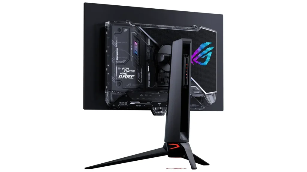 ASUS ROG Swift OLED PG32UCWM sobre un escritorio gaming con iluminación RGB y resolución 4K.