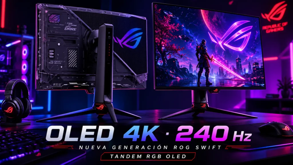 Monitores ASUS ROG Swift OLED PG27UCWM y PG32UCWM con panel Tandem RGB OLED y resolución 4K.