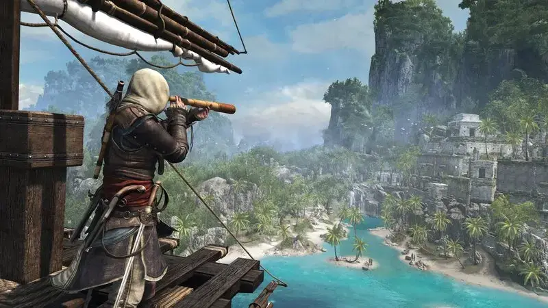 Edward Kenway navegando con el Jackdaw en Assassin's Creed Black Flag Resynced.