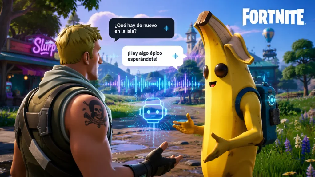 NPC de Fortnite manteniendo una conversación con un jugador gracias a la nueva función de inteligencia artificial.