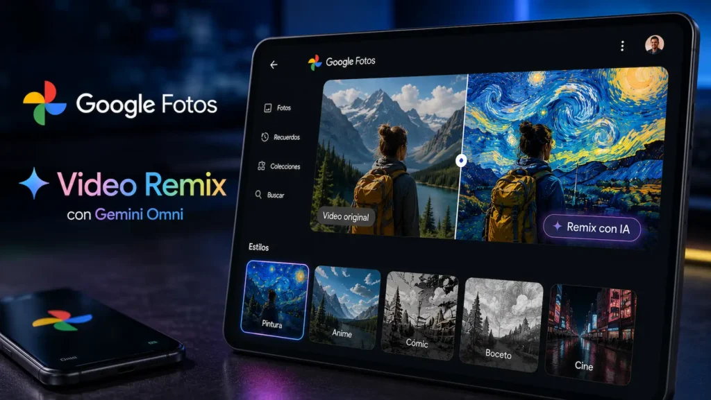 Nueva función Video Remix de Google Fotos impulsada por Gemini Omni para transformar vídeos mediante inteligencia artificial.