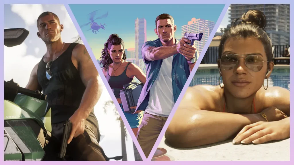 Arte de GTA 6 mostrando a los protagonistas junto a referencias a las versiones de consola.