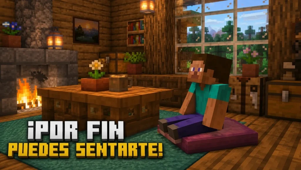Personaje de Minecraft sentado sobre un Cushion, la nueva función oficial para sentarse.