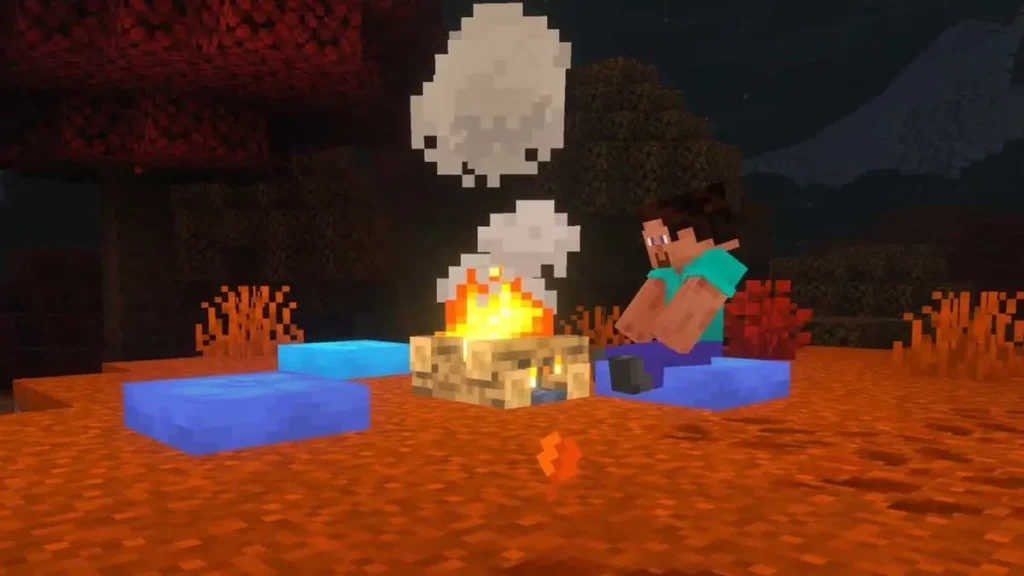 Interior de una casa de Minecraft mostrando a un jugador utilizando los nuevos cojines para sentarse.