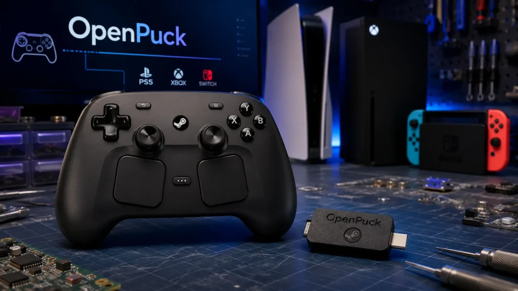 Steam Controller junto al adaptador OpenPuck compatible con PS5, Xbox y Nintendo Switch.