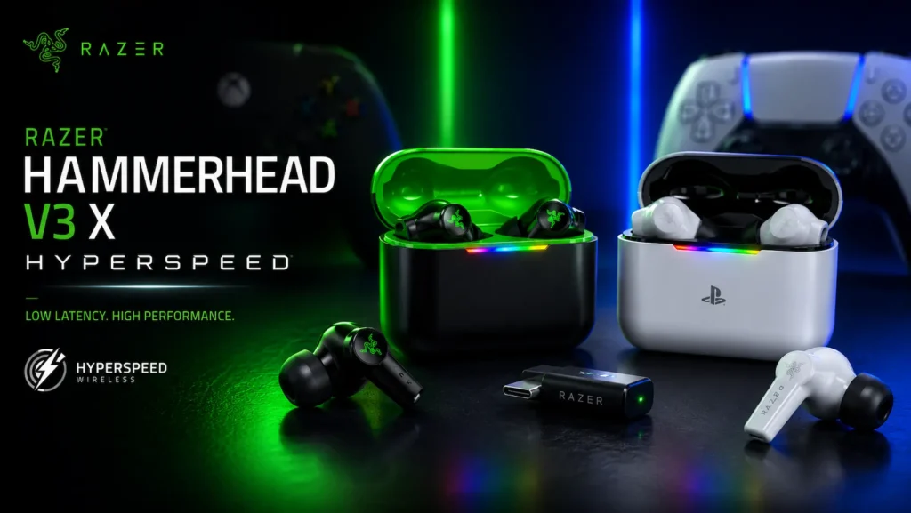 Auriculares Razer Hammerhead V3 X HyperSpeed para Xbox y PlayStation con conexión inalámbrica de baja latencia.