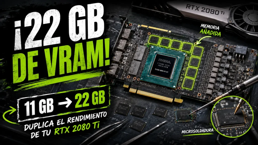 Una RTX 2080 Ti modificada para duplicar su memoria hasta los 22 GB de VRAM.