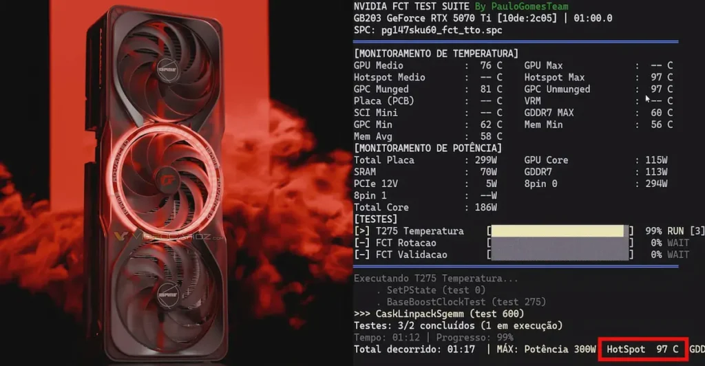 Diagnóstico de una GeForce RTX 5070 Ti mostrando la temperatura hotspot con la herramienta NVIDIA MODS.