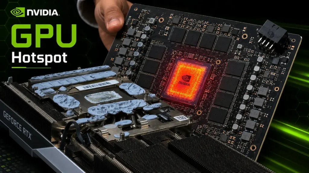 Detalle del chip de una NVIDIA RTX 50 durante una investigación sobre su sensor térmico oculto.