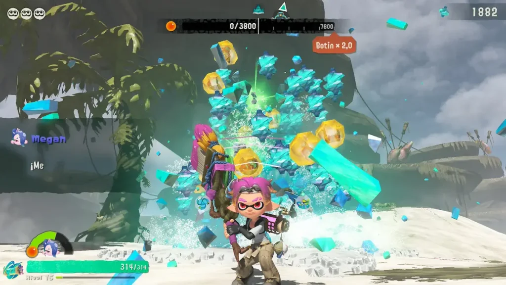 Splatoon Raiders durante un combate utilizando tinta para controlar el escenario.