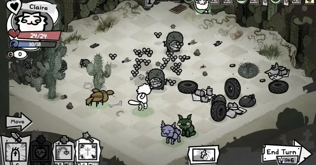 Gatos luchando en los combates tácticos de Mewgenics