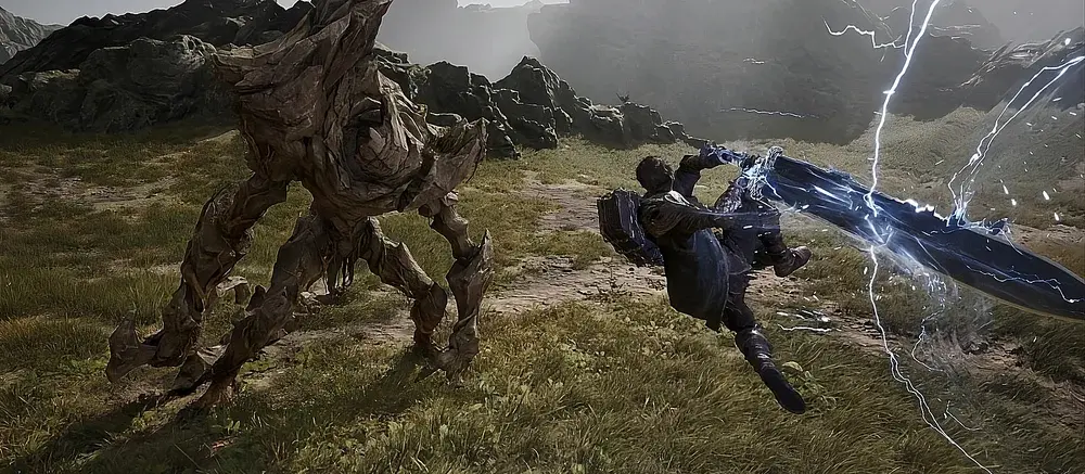 Personajes de Nodus Fall luchando juntos contra un monstruo