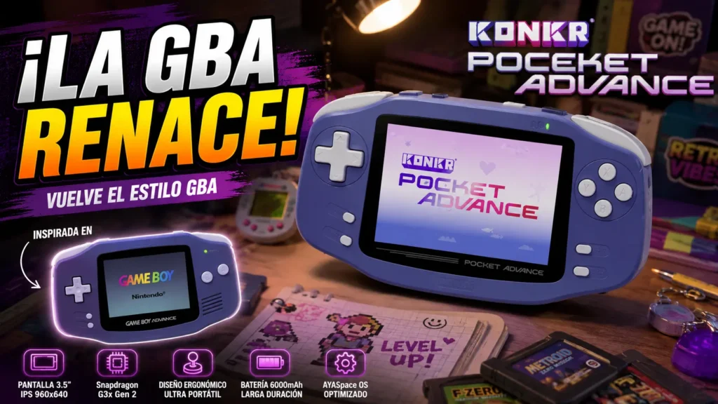 AYANEO presenta la consola portátil KONKR Pocket Advance inspirada en la Game Boy Advance.