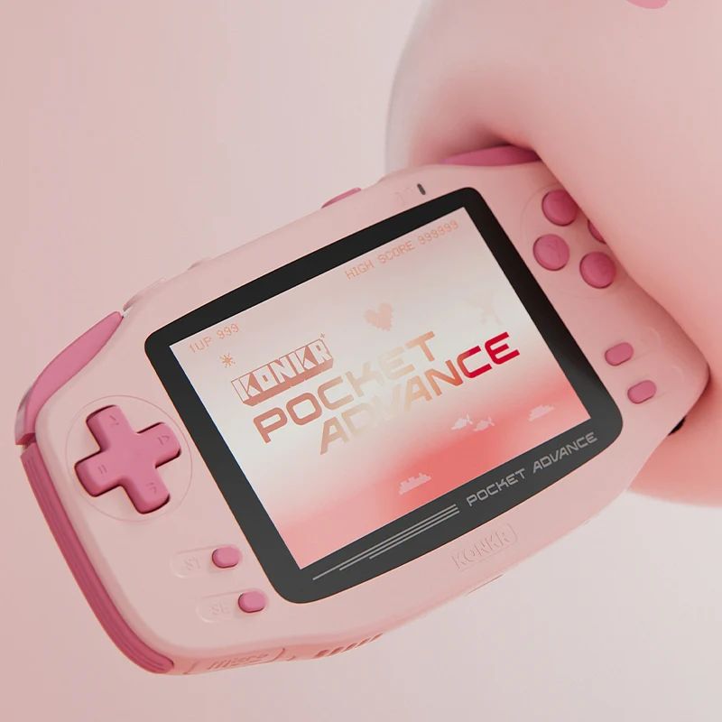 AYANEO KONKR Pocket Advance con diseño inspirado en Game Boy Advance y acabado Peach