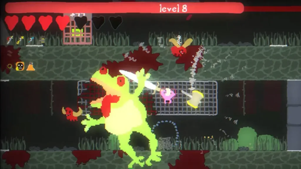 Caos de enemigos y proyectiles en Blood Dungeon.