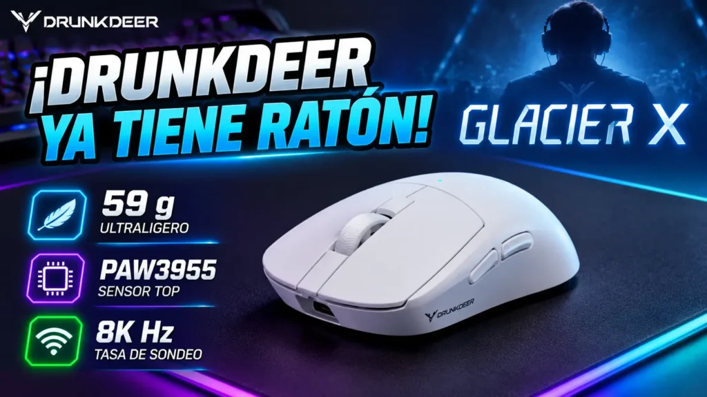 DrunkDeer Glacier X, el primer ratón gaming de la marca con sensor PAW3955 y 8K Hz.