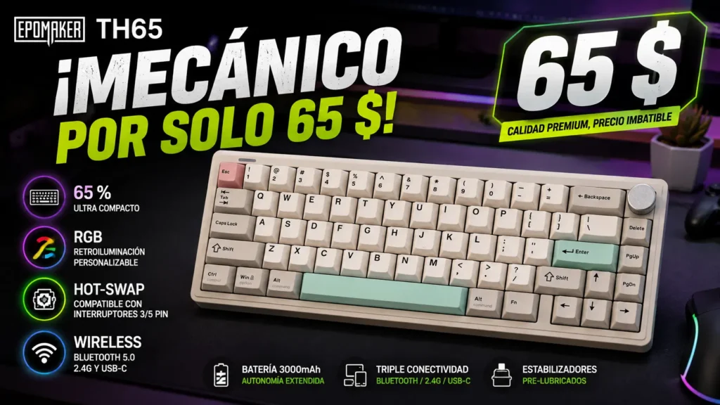 EPOMAKER TH65, teclado mecánico inalámbrico con formato 65 % y triple conectividad.