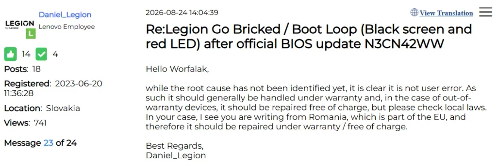 Lenovo Legion Go original afectada por un fallo de BIOS