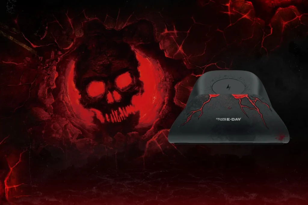 Mando de Gears of War E-Day con detalles rojos y el símbolo Crimson Omen