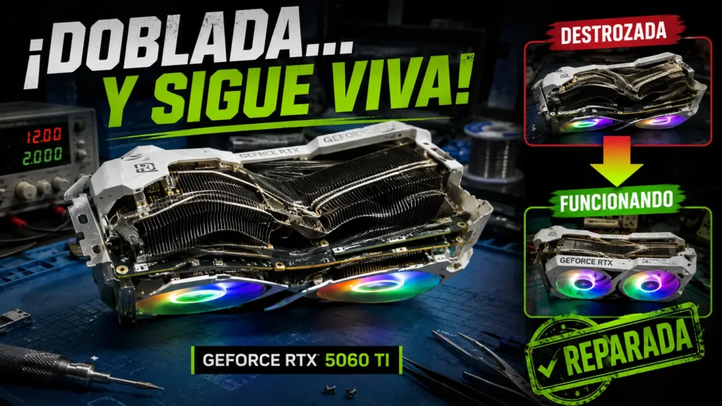 Una GeForce RTX 5060 Ti vuelve a funcionar tras quedar doblada en un accidente de coche.