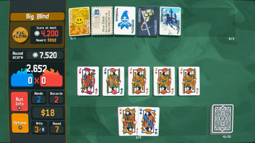 Balatro gameplay, partida de cartas con combinaciones de póker y comodines