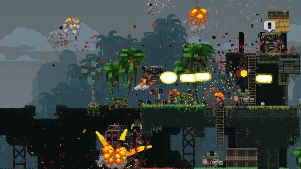 Broforce gameplay, personaje disparando y destruyendo el escenario
